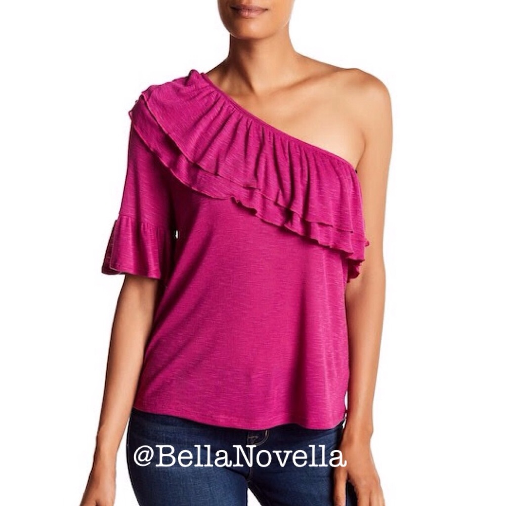 🔴 RO & De Fuchsia Ruffled One Shoulder Top - Picture 3 of 5
